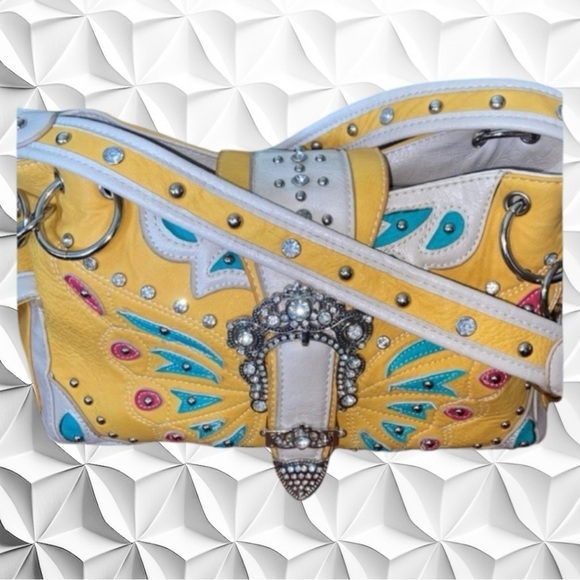 EUC Concealed Carry Boho/Western Purse Yellow & Turquoise Rhinestones - Picture 3 of 11